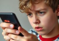 A frustrated British teenager looking at a smartphone screen displaying a 'Access denied under 16' message on YouTube, realistic style, no text