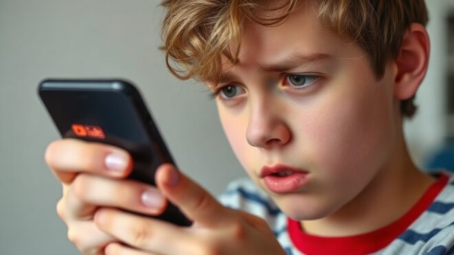 A frustrated British teenager looking at a smartphone screen displaying a 'Access denied under 16' message on YouTube, realistic style, no text