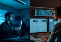 A split workspace showing a futuristic developer using voice commands to generate code on a holographic screen, contrasted with a traditional software engineer reviewing complex architecture diagrams