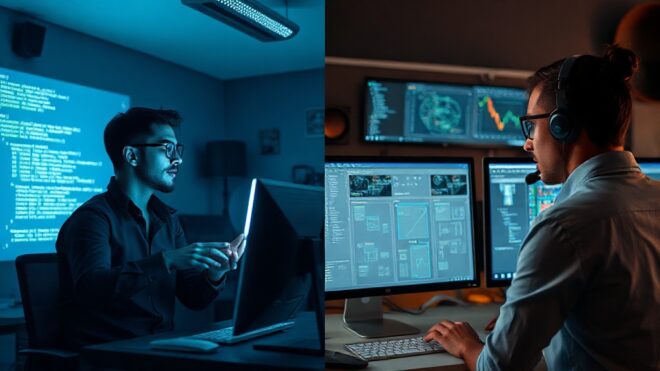 A split workspace showing a futuristic developer using voice commands to generate code on a holographic screen, contrasted with a traditional software engineer reviewing complex architecture diagrams