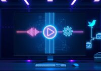 A futuristic digital workspace with a large monitor showing an abstract automation pipeline: a glowing play button icon connected by bright lines to a sound wave icon, then to a neural network brain,
