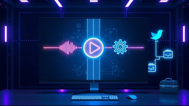 A futuristic digital workspace with a large monitor showing an abstract automation pipeline: a glowing play button icon connected by bright lines to a sound wave icon, then to a neural network brain,