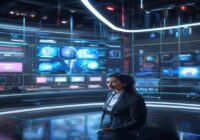 A photorealistic futuristic news studio with a synthetic avatar newscaster on a large screen, holographic interfaces showing RSS feeds and AI nodes, realistic lighting, cinematic composition.