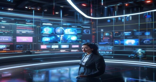 A photorealistic futuristic news studio with a synthetic avatar newscaster on a large screen, holographic interfaces showing RSS feeds and AI nodes, realistic lighting, cinematic composition.