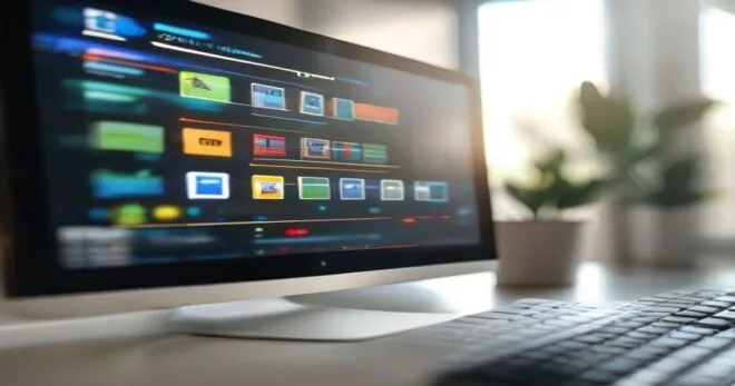 A close-up of a computer screen showing a file conversion progress bar with multiple file icons transforming from one format to another, a fast forward arrow symbolizing speed, in a modern minimalist