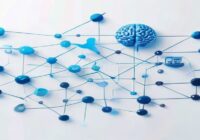 A modern, minimalistic illustration of an n8n automation workflow with nodes connected by lines, featuring a blue Twitter bird icon and a brain-shaped OpenAI node, on a clean white background, photore