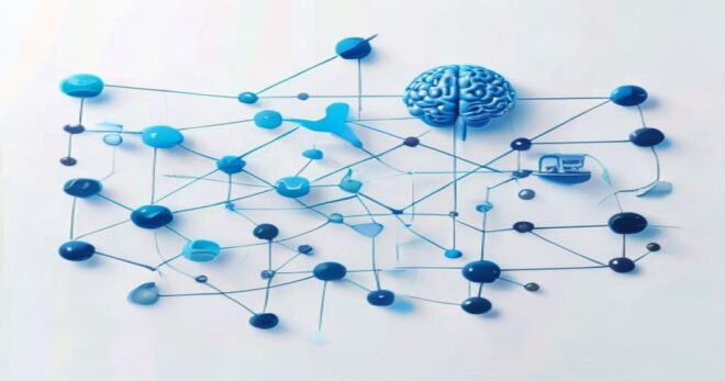 A modern, minimalistic illustration of an n8n automation workflow with nodes connected by lines, featuring a blue Twitter bird icon and a brain-shaped OpenAI node, on a clean white background, photore