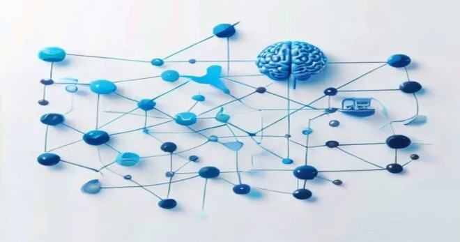 A modern, minimalistic illustration of an n8n automation workflow with nodes connected by lines, featuring a blue Twitter bird icon and a brain-shaped OpenAI node, on a clean white background, photore