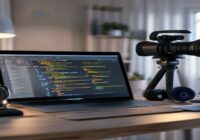 A modern, minimal desk setup with a laptop open showing Python code, next to a professional video camera, a pair of studio headphones, and a smartphone displaying a video interview. Soft natural light