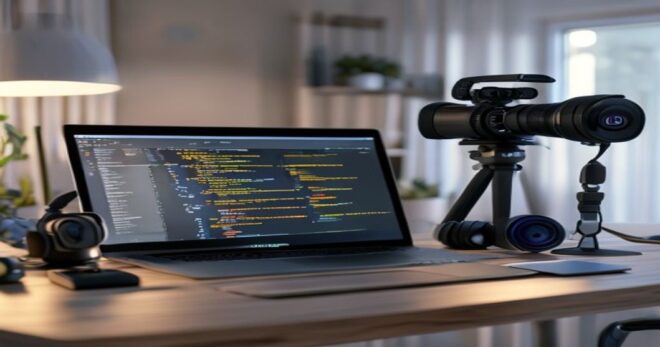 A modern, minimal desk setup with a laptop open showing Python code, next to a professional video camera, a pair of studio headphones, and a smartphone displaying a video interview. Soft natural light