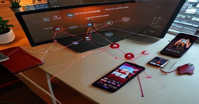 A high-angle view of a modern desk with a monitor displaying an n8n workflow: nodes labelled 'Image Input', 'GPT-4 Vision', 'HTML Template', and 'Shopify API' connected in a flow. On the side, a smart