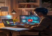A focused student sitting at a wooden desk with a laptop open on YouTube, another screen showing Anki flashcards, and a soft glowing AI visual connecting both screens, photorealistic style, warm natur