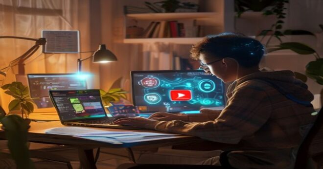 A focused student sitting at a wooden desk with a laptop open on YouTube, another screen showing Anki flashcards, and a soft glowing AI visual connecting both screens, photorealistic style, warm natur
