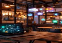 A cozy local coffee shop interior with a laptop on a wooden table showing an n8n workflow diagram on the screen. One half of the image shows the real world cafe, the other half shows glowing digital c