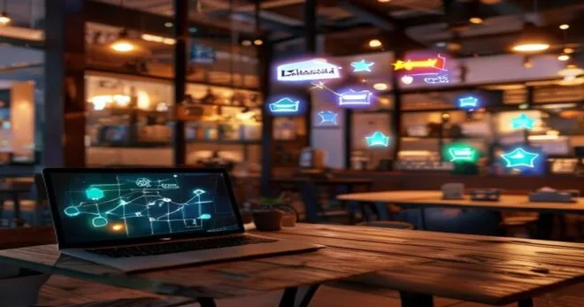 A cozy local coffee shop interior with a laptop on a wooden table showing an n8n workflow diagram on the screen. One half of the image shows the real world cafe, the other half shows glowing digital c