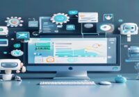A modern digital workspace with a computer screen displaying a no-code automation workflow in n8n, surrounded by floating icons of a magnifying glass analyzing trends, a robot head with gears, and a T