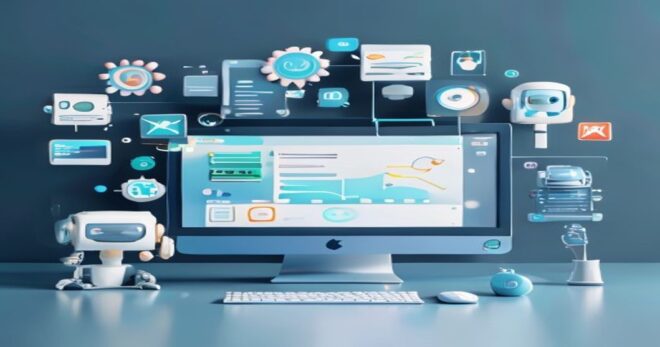 A modern digital workspace with a computer screen displaying a no-code automation workflow in n8n, surrounded by floating icons of a magnifying glass analyzing trends, a robot head with gears, and a T