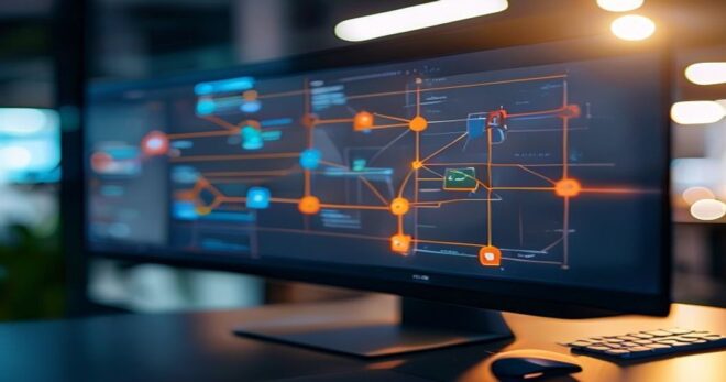 A photorealistic close-up of a computer screen displaying an n8n workflow editor with connected nodes representing a guest posting automation process, with a blurred background of a modern office.