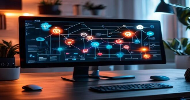 A modern desk setup with a glowing computer screen displaying a workflow automation diagram featuring interconnected nodes for SEO data analysis. The screen shows graphs declining then rising, with ic
