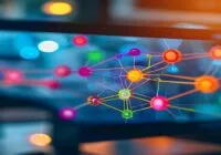 A photorealistic macro shot of a computer screen displaying an n8n workflow editor, with colorful interconnected nodes forming an automation chain. Soft ambient lighting, shallow depth of field, moder