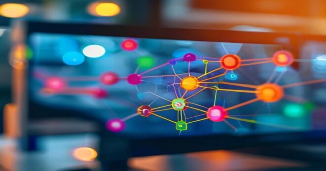 A photorealistic macro shot of a computer screen displaying an n8n workflow editor, with colorful interconnected nodes forming an automation chain. Soft ambient lighting, shallow depth of field, moder