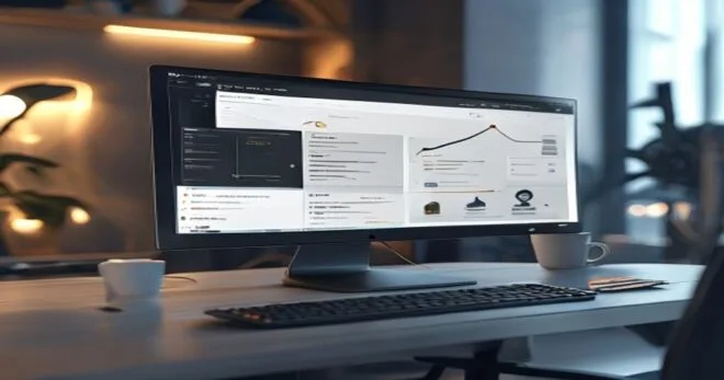A modern digital workspace with a computer screen showing an n8n workflow with GPT-4 integration, generating a product comparison table. The screen displays a flowchart with nodes, one node labeled 'O