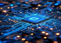 A photorealistic macro shot of a glowing blue circuit board with interconnected nodes and pathways, symbolizing automation workflow, with a subtle AI chip in the center, high-tech, no text, no logos.