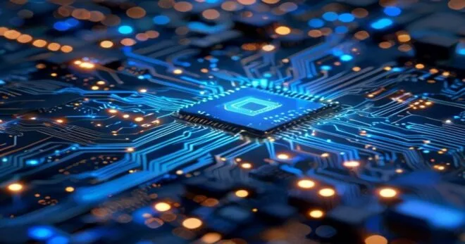 A photorealistic macro shot of a glowing blue circuit board with interconnected nodes and pathways, symbolizing automation workflow, with a subtle AI chip in the center, high-tech, no text, no logos.