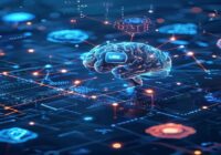 Futuristic digital flowchart with glowing nodes: a camera icon connected to a brain-like AI process, then to a website with accessibility symbols, all on a dark blue tech background, photorealistic, n