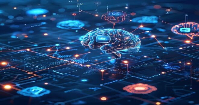 Futuristic digital flowchart with glowing nodes: a camera icon connected to a brain-like AI process, then to a website with accessibility symbols, all on a dark blue tech background, photorealistic, n