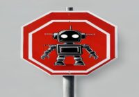 A stop sign with a crossed-out robot icon, symbolizing prohibited content, clean and simple