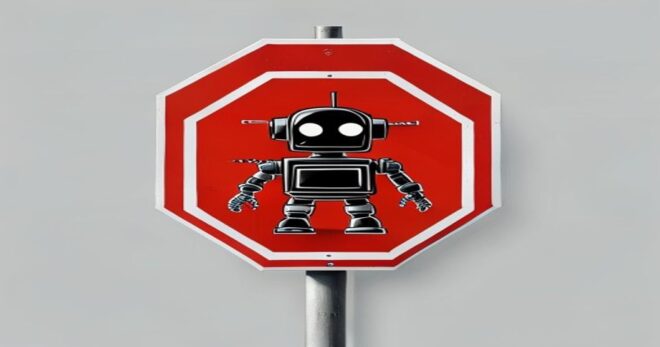A stop sign with a crossed-out robot icon, symbolizing prohibited content, clean and simple