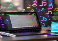 A modern laptop on a desk displaying a Telegram chat window with a music bot sending a MIDI file, next to a smartphone showing the same bot, with colorful musical notes floating around, realistic phot