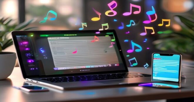A modern laptop on a desk displaying a Telegram chat window with a music bot sending a MIDI file, next to a smartphone showing the same bot, with colorful musical notes floating around, realistic phot
