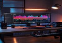 A modern home studio desk with a computer screen displaying audio waveforms being separated into colored stems, headphones and a MIDI keyboard nearby, realistic lighting