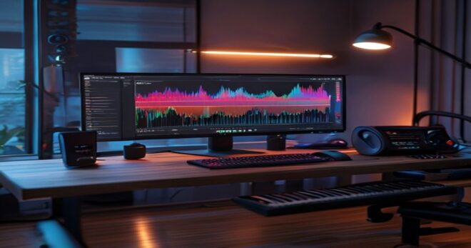 A modern home studio desk with a computer screen displaying audio waveforms being separated into colored stems, headphones and a MIDI keyboard nearby, realistic lighting
