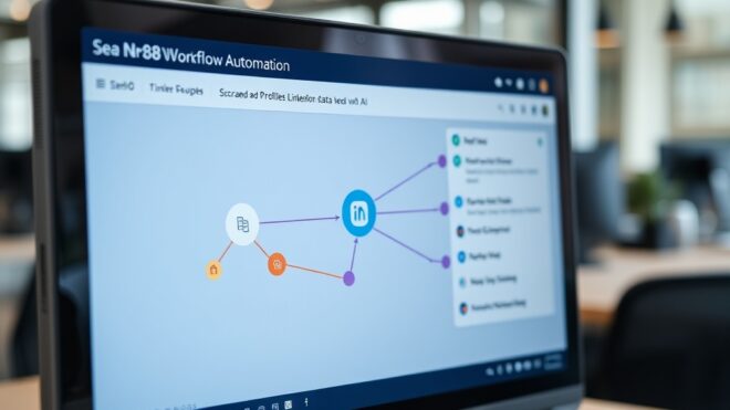 A photorealistic close-up of a computer screen displaying an n8n workflow automation interface, with colorful nodes connected by lines, representing the process of scraping LinkedIn profiles, enrichin