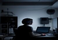 A music producer in a home studio, wearing headphones, looking at laptop screen displaying an AI-generated spectrogram and sound waves, with moody lighting and analog synthesizers in the background.