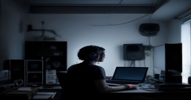 A music producer in a home studio, wearing headphones, looking at laptop screen displaying an AI-generated spectrogram and sound waves, with moody lighting and analog synthesizers in the background.