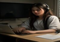A musician in a home studio working on a laptop with audio editing software, realistic, high quality