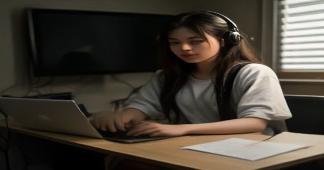 A musician in a home studio working on a laptop with audio editing software, realistic, high quality