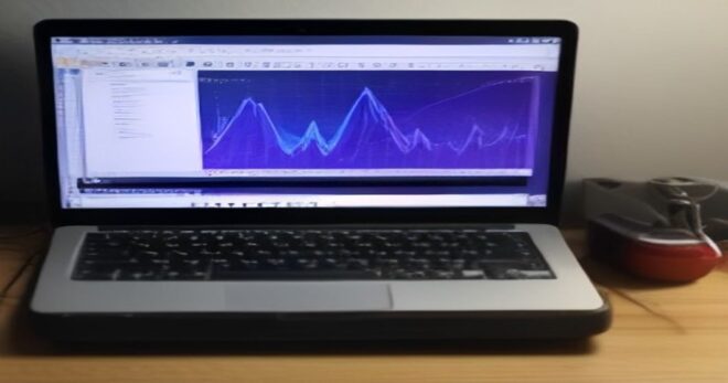 A person's hands typing on a laptop keyboard, the screen displaying the colorful Sonic Pi interface with code and waveform visualizations, in a cozy home studio with headphones and a MIDI controller.