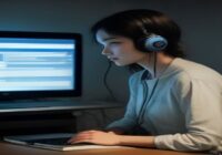 A person sitting at a desk with a laptop, wearing headphones, staring at a screen displaying Python code and audio waveforms, photorealistic, no text or logos