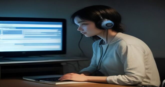 A person sitting at a desk with a laptop, wearing headphones, staring at a screen displaying Python code and audio waveforms, photorealistic, no text or logos