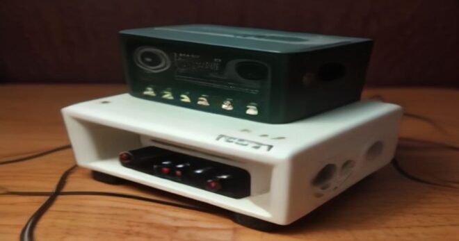 A DIY portable granular synthesizer with Raspberry Pi Pico, OLED screen, knobs, and 3D printed case on a table, realistic photo
