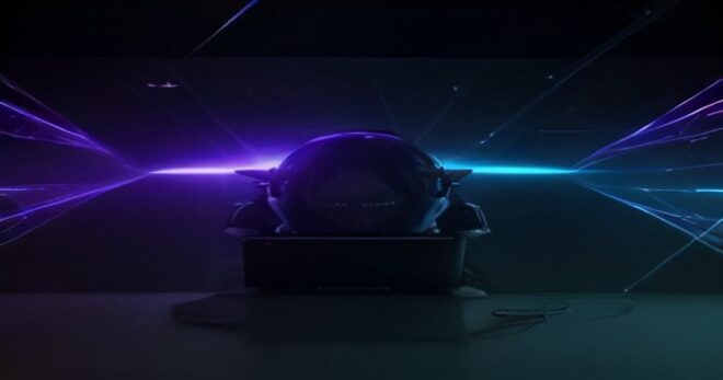 A person's hands in front of a laptop webcam, with a real-time graphic equalizer overlay floating in the air, hands controlling frequency bands, futuristic interactive music setup, dark background, br