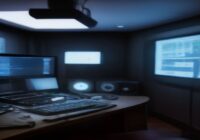 A modern home studio with a DJ mixer, a laptop showing Python code and audio spectrograms, studio monitors, and cables, realistic lighting and depth of field.