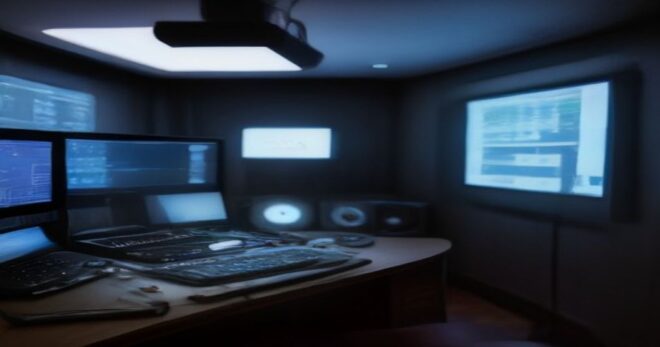A modern home studio with a DJ mixer, a laptop showing Python code and audio spectrograms, studio monitors, and cables, realistic lighting and depth of field.