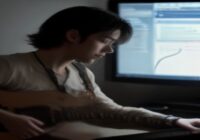 A musician playing electric guitar connected to a laptop with Python code on the screen, audio interface visible, studio setting, realistic lighting.