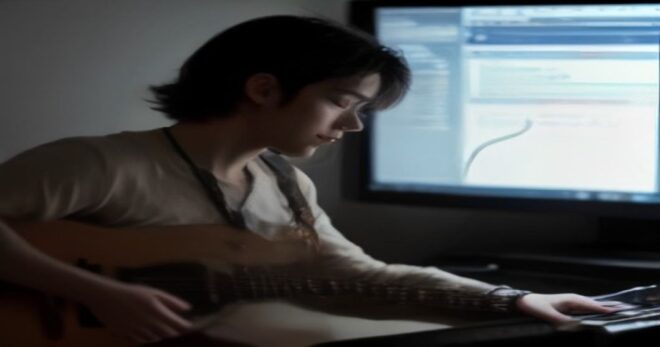 A musician playing electric guitar connected to a laptop with Python code on the screen, audio interface visible, studio setting, realistic lighting.
